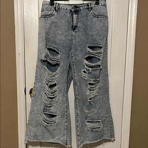 SHEIN Curve Light Blue Distressed Flare Jeans